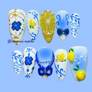 Hand-Painted Press On Nails | 3D lemon nails | Italian Alfami Coast party nails | Capri nails | Alfami nails | Blue nails | Yellow nails