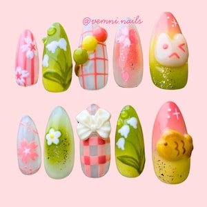 Hand-Painted Press On Nails | 3D matcha nails | Japanese vibe nails | Dango Nails | Sakura nails | Taiyaki nails | Pastel nails | Cute nails
