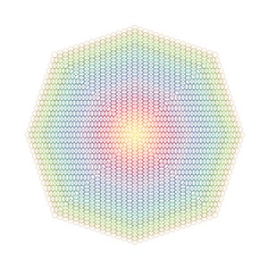 May include: A colorful abstract design with a rainbow color gradient. The design is made up of a series of concentric circles.