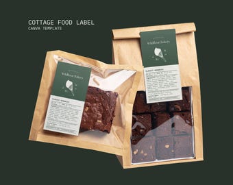 May include: Two brown paper bags with clear plastic windows, each containing classic brownies. The bags have green labels with the text "Wildflour Bakery" and "Classic Brownies". The background is a dark green color. The text "COTTAGE FOOD LABEL CANVA TEMPLATE" is at the top.