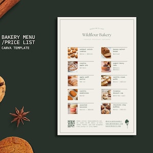 以下が含まれることがあります： 「Bakery Menu / Price List Canva Template」のテキストが入ったベーカリーメニューと価格表のテンプレート。クッキー、アップルパイ、マフィンなどの焼き菓子の画像がメニューに掲載されています。背景は濃い緑色です。