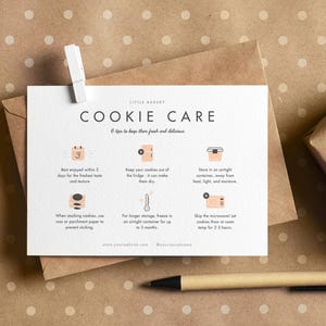 Cookie Care Card Template - Printable, Editable Cookie Care Guide, Instructions - Modern Bakery Package Insert - Canva Template [AMI CC-A]
