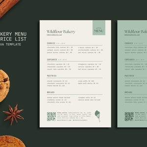 May include: A bakery menu and price list Canva template with a dark green background. The menu features cookies, cupcakes, pastries, and breads. The Wildflour Bakery logo is at the top, with a green menu header. Chocolate chip cookies and cinnamon rolls are listed.