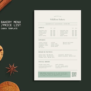 Puede incluir: Una plantilla de menú y lista de precios de panadería con el texto "BAKERY MENU / PRICE LIST CANVA TEMPLATE". El menú enumera galletas, cupcakes, panes, pasteles y pedidos especiales. La imagen incluye una galleta con chispas de chocolate rota, una galleta entera, palitos de canela y anís estrellado.