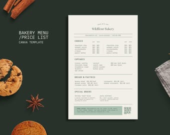 May include: A bakery menu and price list template with the text "BAKERY MENU / PRICE LIST CANVA TEMPLATE". The menu lists cookies, cupcakes, breads, pastries, and special orders. The image includes a broken chocolate chip cookie, a whole cookie, cinnamon sticks, and star anise.