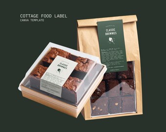May include: Two containers of classic brownies. One is a clear plastic box with a label that reads "Classic Brownies". The other is a brown paper bag with a green label that reads "Classic Brownies". The background is a dark green.