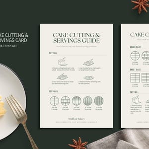 May include: A cake cutting and servings guide card with instructions and diagrams for round and sheet cakes. The card includes the text "Cake Cutting & Servings Card" and "Canva Template". A slice of cake with caramel sauce sits on a white plate.