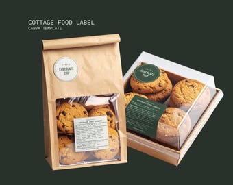 May include: A brown paper bag and a clear box filled with chocolate chip cookies. The bag has a clear window and a round label that says "Chocolate Chip". The box has a clear lid and a green label with the same text.