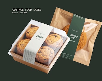 May include: A box of chocolate chip cookies with a clear lid and a white label that reads "Chocolate Chip Cookie". A second cookie is in a brown paper bag with a green label that reads "Chocolate Chip Cookie". The text "Cottage Food Label Canva Template" is at the top.