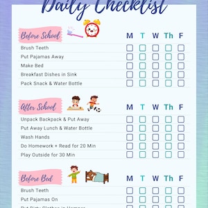 Könnte beinhalten: Eine farbenfrohe tägliche Checkliste mit dem Namen "Olivia Wilson" oben. Die Checkliste ist in die Abschnitte "Vor der Schule", "Nach der Schule" und "Vor dem Schlafengehen" unterteilt, mit Kontrollkästchen für jede Aufgabe. Die Wochentage sind oben aufgeführt.