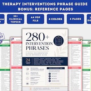 May include: A digital therapy interventions phrase guide featuring 280+ phrases across 24 clinical topics. The A4 PDF document includes four pages of clinical documentation reference material with a blue and white color scheme and text.