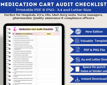 May include: A digital checklist for medication cart audits, designed for hospitals and medical professionals. The document is displayed on a tablet and includes sections for audit items and notes. The checklist is available in PDF and PNG formats, A4 and Letter size.
