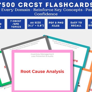 Op de afbeelding: Stapel flashcards met de tekst "500 CRCST FLASHCARDS" en "Root Cause Analysis". De A6-kaarten (10,4 cm x 14,7 cm) behandelen onderwerpen als voorraadbeheer en kwaliteitsborging. Inclusief "Direct downloaden" en "PDF & PNG FILES".