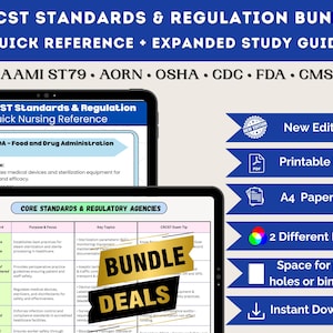May include: A digital bundle for CRCST standards and regulations, including a quick reference and expanded study guide. Features include a printable PDF, A4 paper size, two design options, and instant download. The bundle covers AAMI ST79, AORN, OSHA, CDC, FDA, and CMS.
