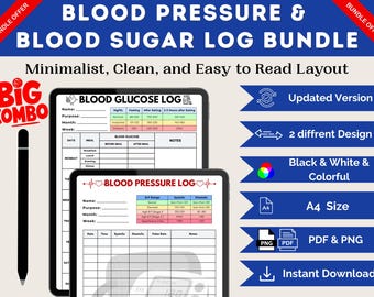 Bloedsuikerlogboek en bloeddruklogboek Afdrukbaar pdf-bestand bloedsuikermeter, afdrukbaar diabetesrecord bloedsuiker en bloeddruk volgen