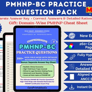 May include: A digital product advertisement for PMHNP-BC practice questions. The image features a tablet displaying "Comprehensive PMHNP-BC Practice Questions" with 350+ high-yield MCQs. Additional text highlights a separate answer key, detailed rationales, and a domain-wise cheat sheet. The product is aligned with the ANCC Board.