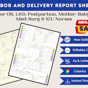 May include: Two labor and delivery report sheets with the text "Labor and Delivery Report Sheet" and "For OB, L&D, Postpartum, Mother-Baby, Med-Surg & ICU Nurses." Additional text includes "New Edition," "Editable Canva," "A4 & Letter Size," "Colorful," and "Instant Download."