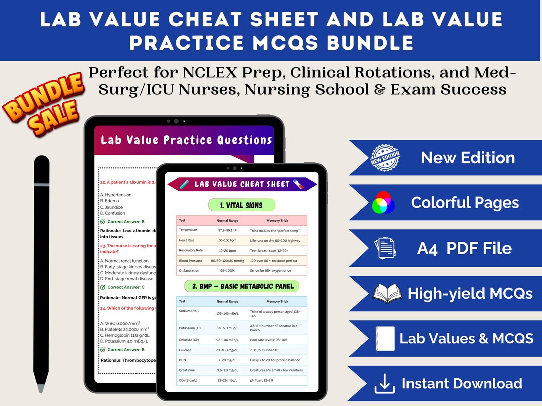 Nursing Lab Values Cheat Sheet & NCLEX Mcqs Practice Questions With ...