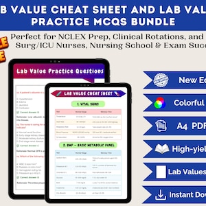 Lab Werte Spickzettel + 100 ECLEX Übungsfragen | Pflegeleitfaden PDF | Lab Werte Speicher Tricks | Krankenpflege-Student Exam Prep