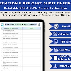 Pode incluir: Uma lista de verificação digital para auditorias de carrinhos de medicamentos e EPI, disponível como PDF e PNG imprimíveis. A lista de verificação é projetada para hospitais, UTIs e outros ambientes médicos. Inclui um modelo valioso, tamanho A4 e carta, e download instantâneo.