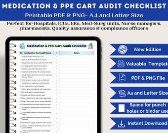 May include: A digital checklist for medication and PPE cart audits, available as a printable PDF and PNG. The checklist is designed for hospitals, ICUs, and other medical settings. Includes a valuable template, A4 and Letter size, and instant download.