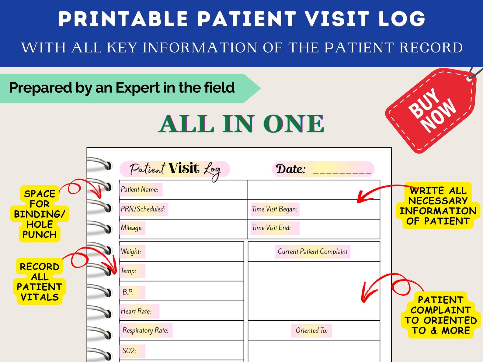 Printable Patient Visit Log | Nursing Documentation Sheet for Home ...