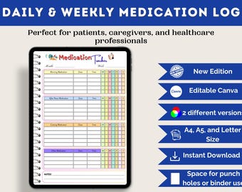 Registro giornaliero dei farmaci stampabile – Tracker dei farmaci, Organizzatore di pillole, Modello Canva modificabile (A5, A4, Lettera)