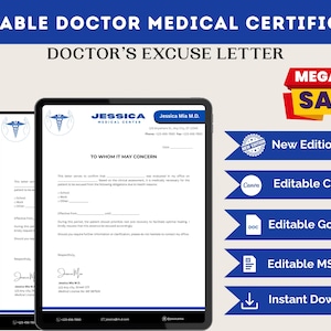 Puede incluir: Plantilla digital de carta de excusa médica. El diseño incluye una tableta que muestra un certificado médico, con copias impresas adicionales. Incluye formatos editables de Canva, Google Doc y MS Word, además de descarga instantánea.