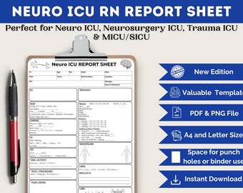 Hoja de informe de enfermería de la UCI neurológica / Evaluación neurológica de una página / Transferencia de enfermeras (PDF imprimible)