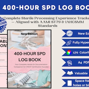 Puede incluir: Un libro de registro titulado "400-HOUR SPD LOG BOOK" con el texto "Complete Sterile Processing Experience Tracker". El libro tiene una portada rosa con las palabras "New Edition" y "170 Colorful Pages". Está diseñado para la certificación CRCST.