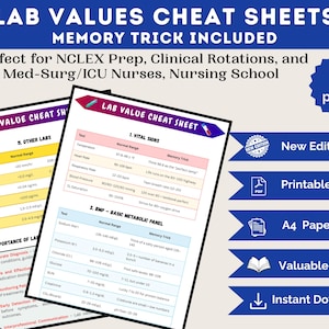 May include: Two lab value cheat sheets with the title "LAB VALUES CHEAT SHEETS" and "MEMORY TRICK INCLUDED". The sheets are designed for NCLEX prep and nursing school. The image also includes icons for a new edition, printable PDF, A4 paper size, valuable notes, and instant download.