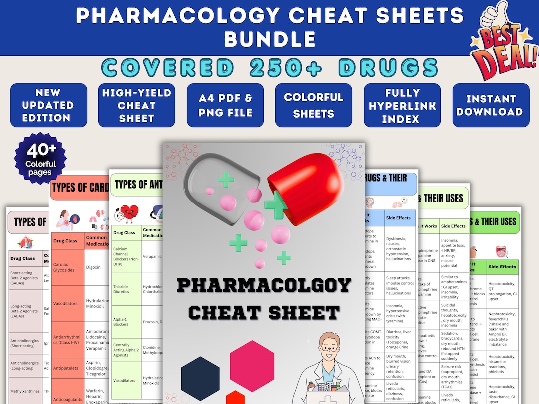 Nursing Pharmacology Cheat Sheets Bundle | 250+ Drugs NCLEX Study Guide ...