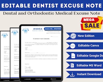 Modello di nota di giustificazione per dentisti e ortodontici modificabile / Modello di nota di lavoro/scuola del dentista in PDF, Word e Google Docs / Stampabile in formato A4 con campo firma