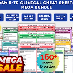 Könnte beinhalten: Ein Bundle von DSM-5-TR klinischen Cheat Sheets. Das Bild zeigt farbenfrohe Seiten mit Text, darunter "MEGA BUNDLE", "45+ HIGH-YIELD CHEAT SHEETS" und "160+ Mental Disorders". Das Bundle beinhaltet Sofort-Downloads und A4 PDF & PNG-Dateien.