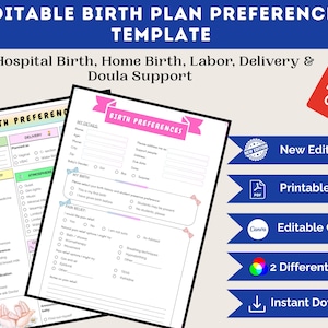 Bewerkbare sjabloon geboorteplan: voorkeuren ziekenhuis- en thuisbevalling (digitale download)