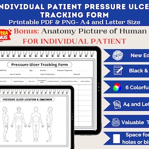 Puede incluir: Formulario digital imprimible en PDF y PNG para el seguimiento de úlceras por presión. Incluye una imagen de anatomía del cuerpo humano como bonificación. Características: tamaño A4 y carta, blanco y negro y 6 páginas a color.