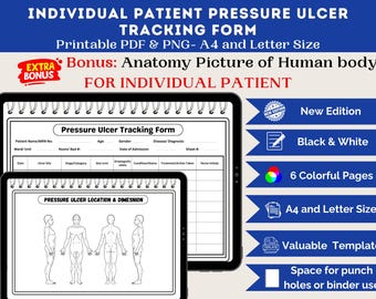 Pressure Ulcer Assessment Chart | Wound Care Documentation Form with Body Diagram | Nursing Pressure Injury Tracking (PDF, PNG)