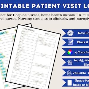 May include: Printable patient visit log with a blue header. The log is designed for healthcare professionals and includes sections for patient information, vital signs, and notes. Features include a new edition, black and white and 4 colourful pages, A4, A5, and letter size.