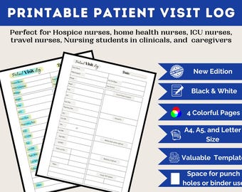 May include: Printable patient visit log with a blue header. The log is designed for healthcare professionals and includes sections for patient information, vital signs, and notes. Features include a new edition, black and white and 4 colorful pages, A4, A5, and letter size.