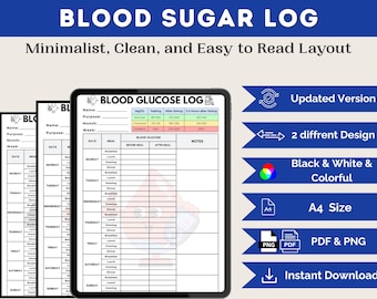 Registro de glucosa en sangre imprimible / Rastreador de glucosa en sangre / Rastreador médico, Rastreador de diabetes, Gráfico diario de glucosa en sangre / PDF y PNG