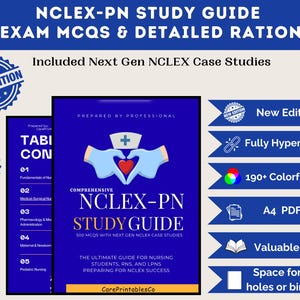 May include: A blue study guide for the NCLEX-PN exam. The cover features a nurse's cap and a heart symbol. The guide includes 500 MCQs, detailed rationales, and Next Gen case studies. It has 190+ colorful pages and is an A4 PDF file.