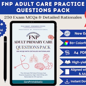 Könnte beinhalten: Ein digitales Tablet zeigt "FNP Adult Primary Care Questions Pack" mit 250 MCQs und detaillierten Begründungen. Das Bild enthält einen Stift, medizinische Illustrationen und Symbole für "Neue Ausgabe" und "80+ farbige Seiten."