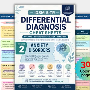 May include: A set of DSM-5-TR Differential Diagnosis Cheat Sheets Volume 2 for anxiety disorders. The cover features a blue and white design with a brain illustration, text, and icons. A starburst graphic indicates 30+ colorful pages.