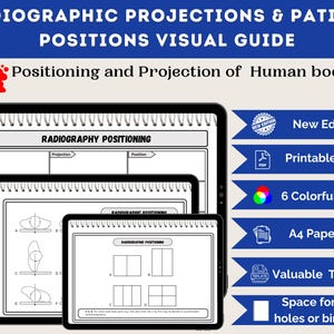 May include: A visual guide titled "Radiographic Projections & Patient Positions" with the text "Positioning and Projection of Human body." The image shows three tablets displaying diagrams of radiographic positioning. Additional text includes "New Edition," "Printable PDF," and "A4 Paper Size."