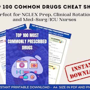 Top 100 van meest voorkomende drugsspiekbriefjes | Studiegids verpleegkundige farmacologie pdf + png | NCLEX Med-grafiek | Klinische referentie voor studenten