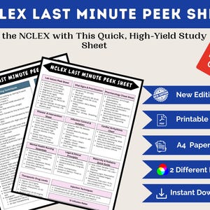 Peut inclure: Une fiche d'étude intitulée "NCLEX Last Minute Peek Sheet" avec un fond blanc et du texte noir. La fiche comprend des sections sur les valeurs de laboratoire, les signes vitaux, la pharmacologie, etc. Une étiquette rouge avec "75% OFF" est dans le coin supérieur droit.