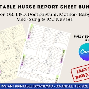 Editable Mother Baby Nurse Report Sheet | Postpartum, OB, Nurse Shift Handoff Template | Labor & Delivery Nursing Report | Instant printable