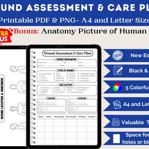 Puede incluir: Una plantilla digital de evaluación y plan de cuidados de heridas, disponible en formatos PDF y PNG. El diseño incluye secciones para información del paciente, tipos de heridas y factores de riesgo. Incluye una imagen de anatomía del cuerpo humano.
