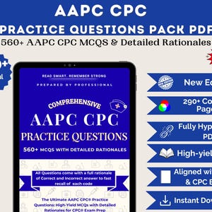 Puede incluir: Una tableta digital muestra una pantalla azul con el texto "AAPC CPC PRACTICE QUESTIONS PACK PDF". La imagen incluye el texto "560+ AAPC CPC MCQS & Detailed Rationales" y "290+ páginas coloridas". El texto adicional incluye "Nueva edición" y "Descarga instantánea".