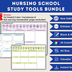 Puede incluir: Un paquete de herramientas de estudio para la escuela de enfermería con el texto "NURSING SCHOOL STUDY TOOLS BUNDLE". Incluye hojas de estudio con acentos rosas y amarillos, y una bonificación de 24 variaciones de color pastel. Incluye plantillas Canva editables, opciones en blanco y negro y tamaño A4.